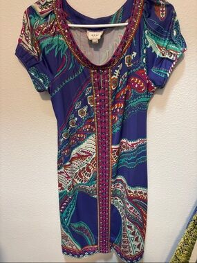 Beaded Scoop Neck Paisley Print Dress - Purple Teal - ECI size 6
